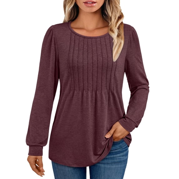 SUNBS Long Sleeve Shirts for Women Business Casual Dressy Tops Crewneck Pleated Blouses Trendy Clothes