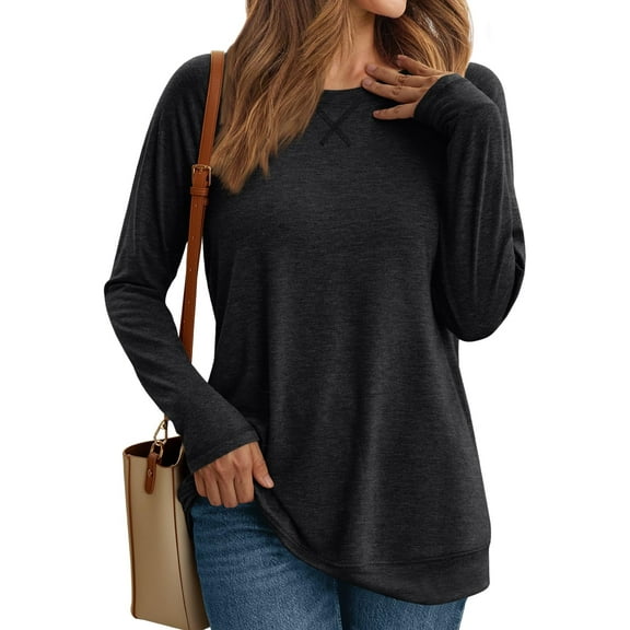 SUNBS Long Sleeve Shirts for Women Casual Work Tops Crewneck Blouses Loose Fit Clothes Trendy