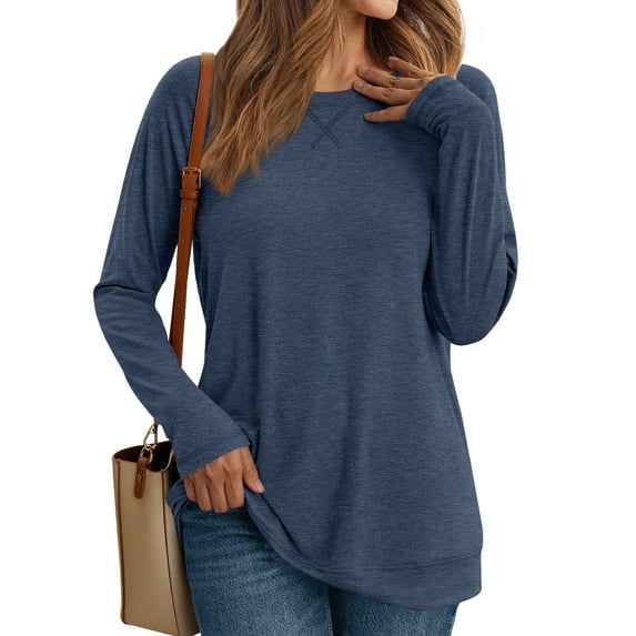 SUNBS Long Sleeve Shirts for Women Casual Work Tops Crewneck Blouses Loose Fit Clothes Trendy
