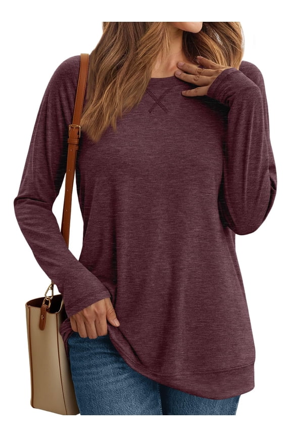 Long Sleeve Shirts for Women Casual Work Tops Crewneck Blouses Loose Fit Clothes Trendy