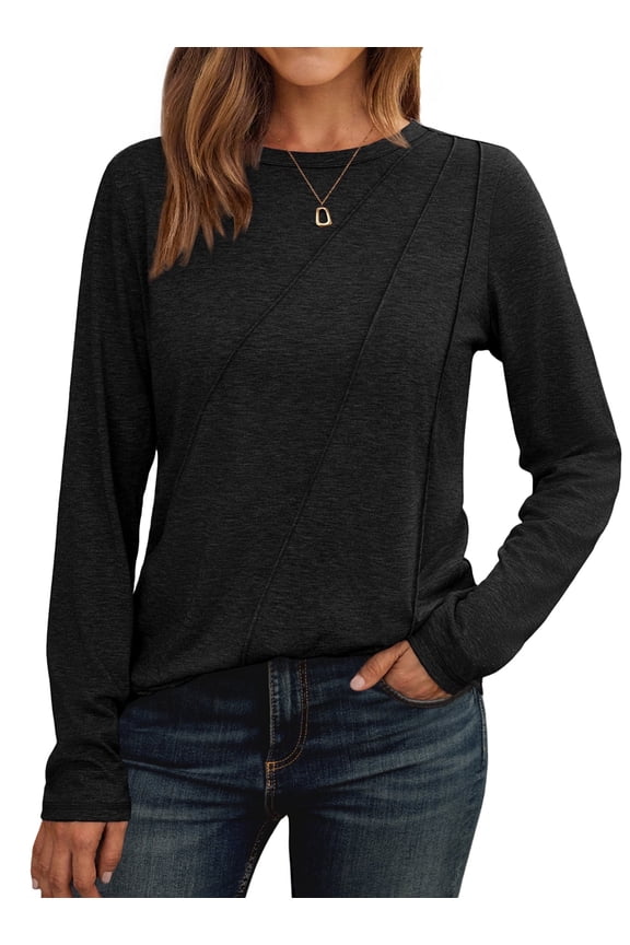 Long Sleeve Shirts for Women Pleated Crew Neck Casual Fall Fashion Tops Loose Fit Clothes, Sizes S-2XL