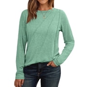SUNBS Long Sleeve Shirts for Women Pleated Crew Neck Casual Fall Fashion Tops Loose Fit Clothes, Sizes S-2XL