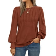 SUNBS Long Sleeve Shirts for Women Pleated Crewneck Fall Winter Casual Blouses, Sizes S-3XL