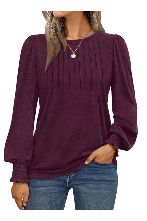 Long Sleeve Shirts for Women Pleated Crewneck Fall Winter Casual Blouses, Sizes S-3XL
