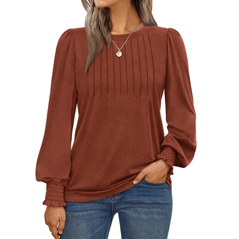 Long Sleeve Shirts for Women Pleated Crewneck Fall Winter Casual Blouses, Sizes S-3XL