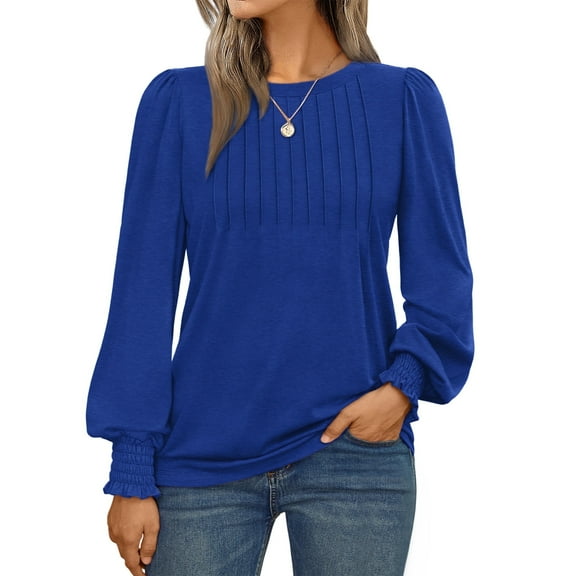 SUNBS Long Sleeve Shirts for Women Pleated Crewneck Fall Winter Casual Blouses, Sizes S-3XL