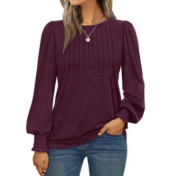SUNBS Long Sleeve Shirts for Women Pleated Crewneck Fall Winter Casual Blouses, Sizes S-3XL