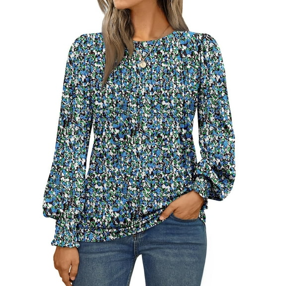 SUNBS Long Sleeve Shirts for Women Pleated Crewneck Fall Winter Casual Blouses, Sizes S-3XL