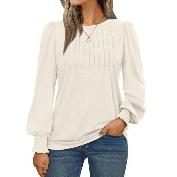 SUNBS Long Sleeve Shirts for Women Pleated Crewneck Fall Winter Casual Blouses, Sizes S-3XL
