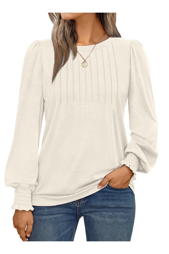 Long Sleeve Shirts for Women Pleated Crewneck Fall Winter Casual Blouses, Sizes S-3XL
