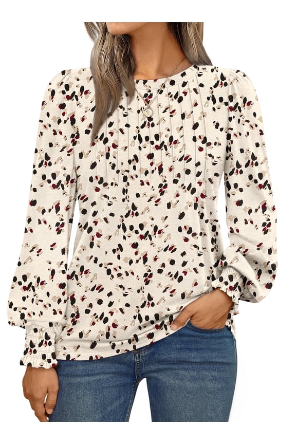 Long Sleeve Shirts for Women Pleated Crewneck Fall Winter Casual Blouses, Sizes S-3XL