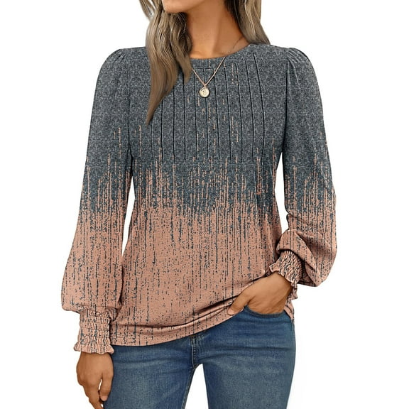 SUNBS Long Sleeve Shirts for Women Pleated Crewneck Fall Winter Casual Blouses, Sizes S-3XL