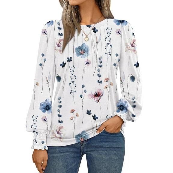 SUNBS Long Sleeve Shirts for Women Pleated Crewneck Fall Winter Casual Blouses, Sizes S-3XL