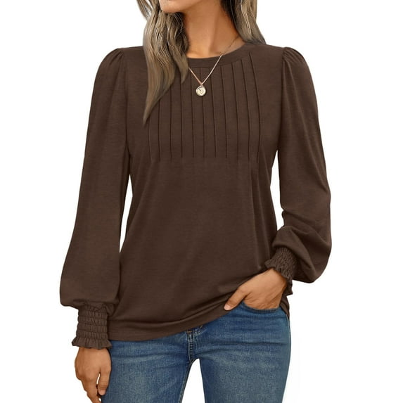 SUNBS Long Sleeve Shirts for Women Pleated Crewneck Fall Winter Casual Blouses, Sizes S-3XL