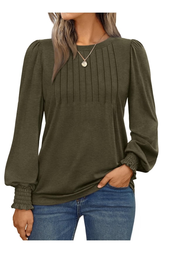 Long Sleeve Shirts for Women Pleated Crewneck Fall Winter Casual Blouses, Sizes S-3XL