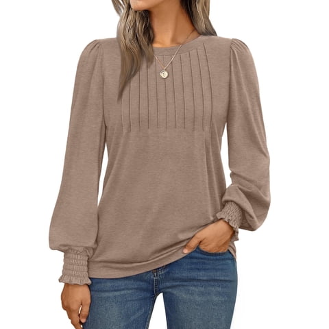 Long Sleeve Shirts for Women Pleated Crewneck Fall Winter Casual Blouses, Sizes S-3XL