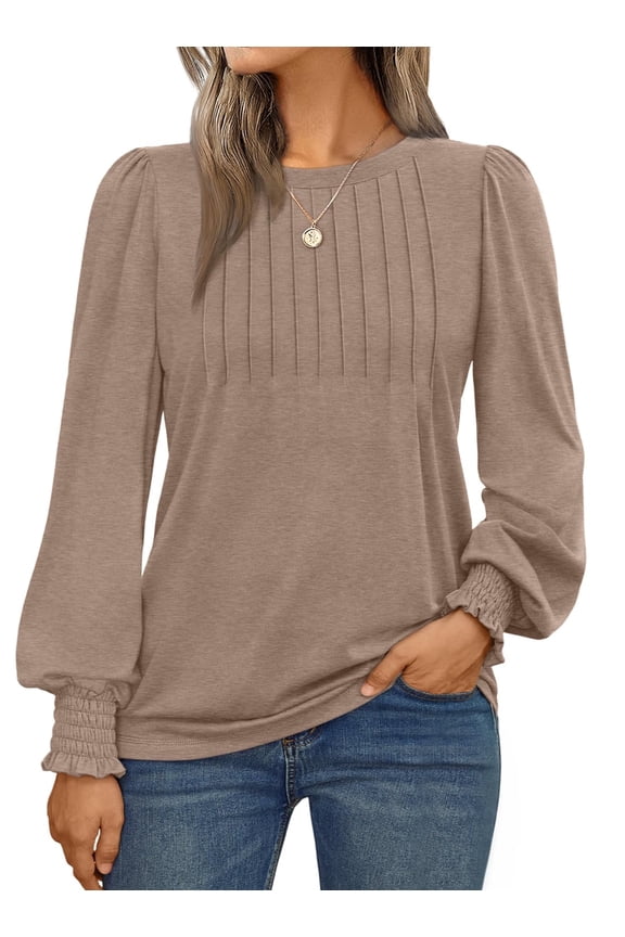 Long Sleeve Shirts for Women Pleated Crewneck Fall Winter Casual Blouses, Sizes S-3XL