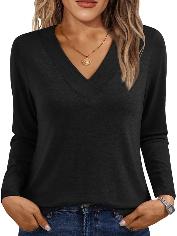 Long Sleeve Shirts for Women Tops V Neck Casual Tops Comfortable Shirt Soft Basic Tees Women Blouses