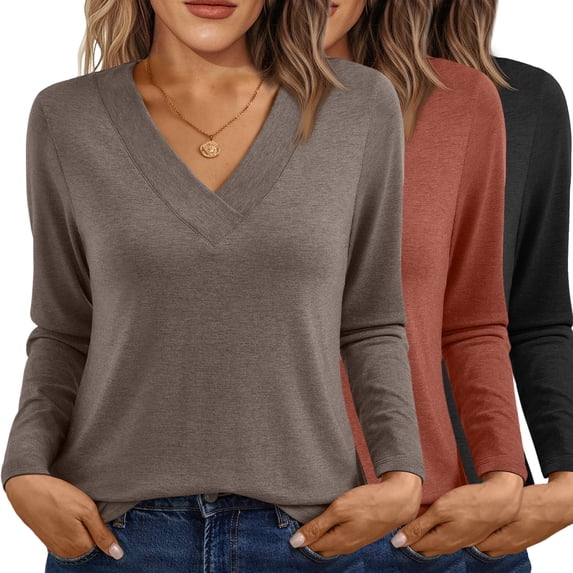 SUNBS Womens 3 Pack Long Sleeve Shirts for Women V Neck Casual Tops Comfortable Soft Basic Tees Women Blouses