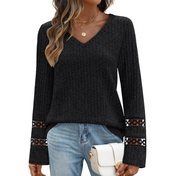 SUNBS Long Sleeve Shirts for Women Trendy Casual V-neck Tops Lightweight Sweaters