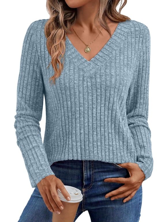 Long Sleeve Shirts for Women V Neck Fall Sweater Fashion Outfits Tunic Tops