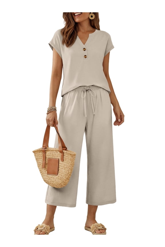 Lounge Sets for Women 2 Piece Outfit Sets Cap Sleeve Henley Shirt and Pants Sweatsuit Womens Matching Sets