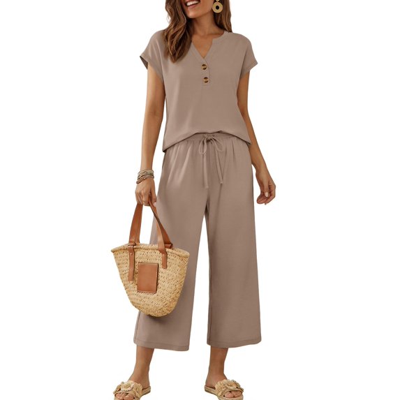 SUNBS Lounge Sets for Women 2 Piece Outfit Sets Cap Sleeve Henley Shirt and Pants Sweatsuit Womens Matching Sets