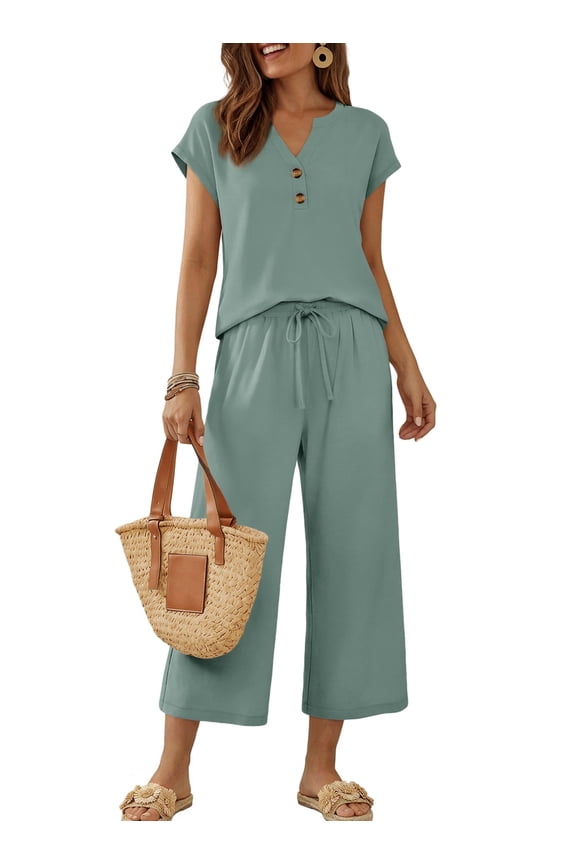Lounge Sets for Women 2 Piece Outfit Sets Cap Sleeve Henley Shirt and Pants Sweatsuit Womens Matching Sets