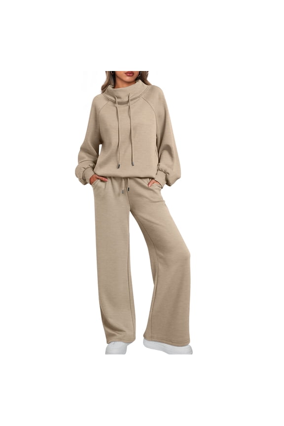 2 Piece Outfits Women Sweatsuits Drawstring Sweatshirt Lounge Sets 2025 Fall Wide Leg Sweatpants Tracksuit with Pockets