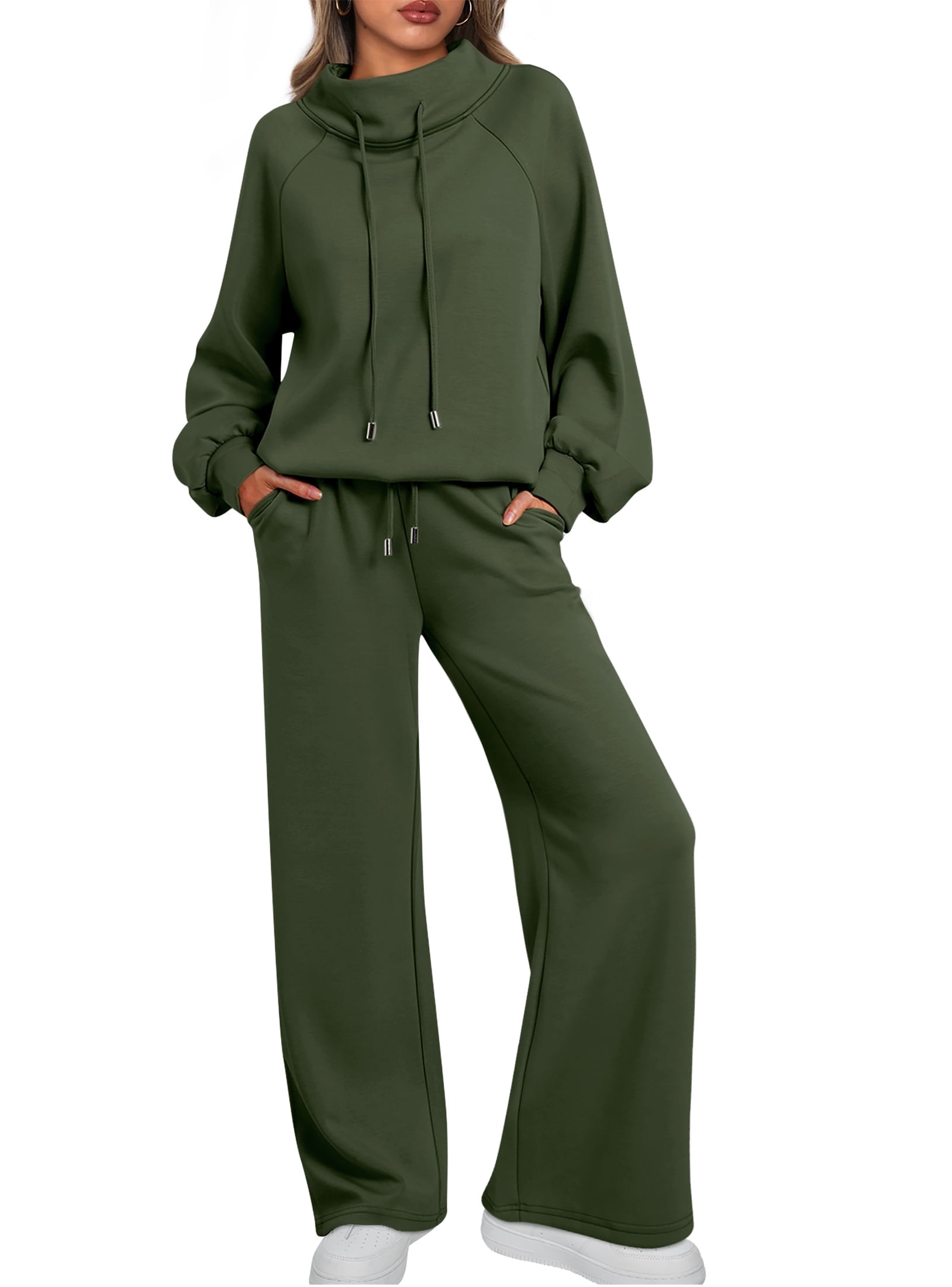 2 Piece Outfits Women Sweatsuits Drawstring Sweatshirt Lounge Sets 2025 Fall Wide Leg Sweatpants Tracksuit with Pockets