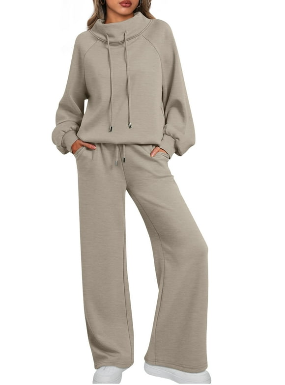 2 Piece Outfits Women Sweatsuits Drawstring Sweatshirt Lounge Sets 2025 Fall Wide Leg Sweatpants Tracksuit with Pockets