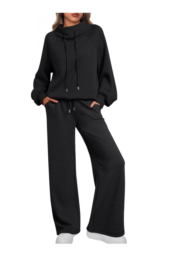 2 Piece Outfits Women Sweatsuits Drawstring Sweatshirt Lounge Sets 2025 Fall Wide Leg Sweatpants Tracksuit with Pockets