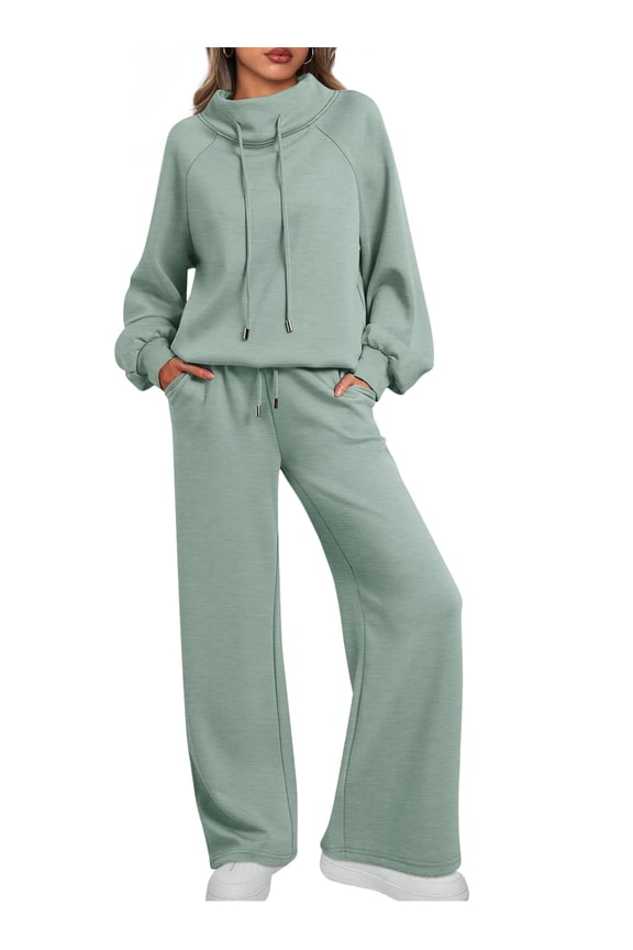 2 Piece Outfits Women Sweatsuits Drawstring Sweatshirt Lounge Sets 2025 Fall Wide Leg Sweatpants Tracksuit with Pockets
