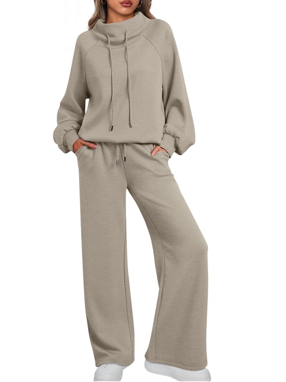2 Piece Outfits Women Sweatsuits Drawstring Sweatshirt Lounge Sets 2025 Fall Wide Leg Sweatpants Tracksuit with Pockets