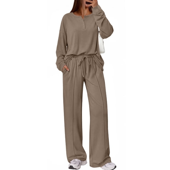 SUNBS Lounge Sets for Women Two Piece Sets Henley Neck Top Wide Leg Pants Vacation Fall Travel Outfits