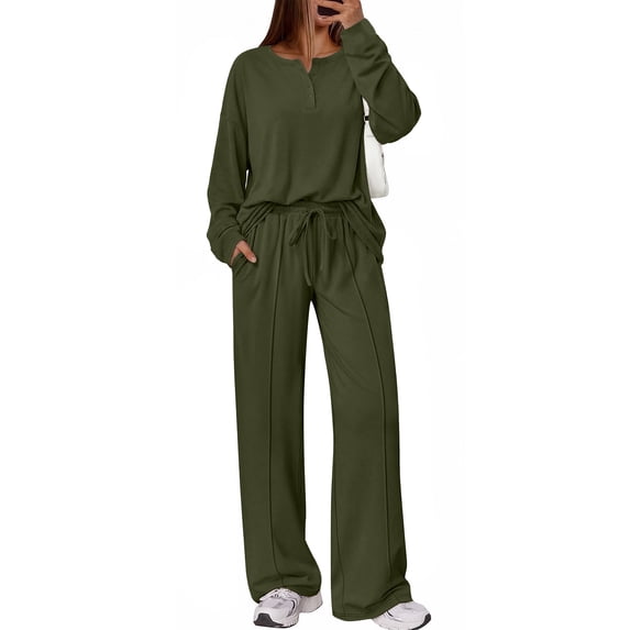 SUNBS Lounge Sets for Women Two Piece Sets Henley Neck Top Wide Leg Pants Vacation Fall Travel Outfits