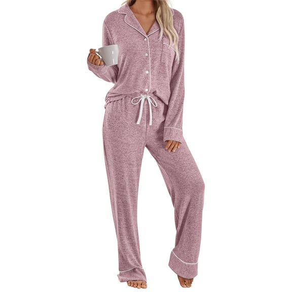 SUNBS Two Piece Womens Pajama Sets Lounge Sets for Womens Button Down Long Sleeve Shirts Drawstring Pants with Pockets