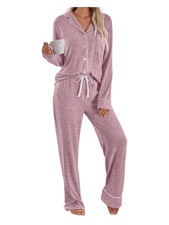 Two Piece Womens Pajama Sets Lounge Sets for Womens Button Down Long Sleeve Shirts Drawstring Pants with Pockets