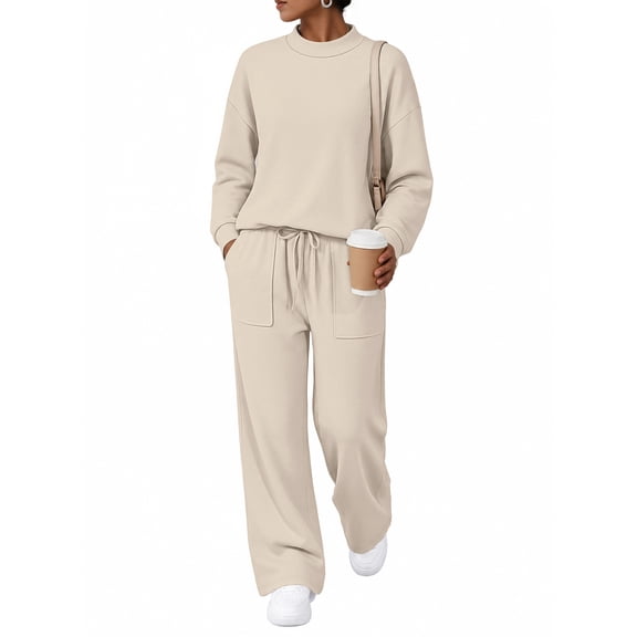 SUNBS Mock Neck Sweatsuits Lounge Sets for Women Two Piece Fall Wide Leg Pants with Pocket Matching Sets Vacation Travel Outfits Clothes