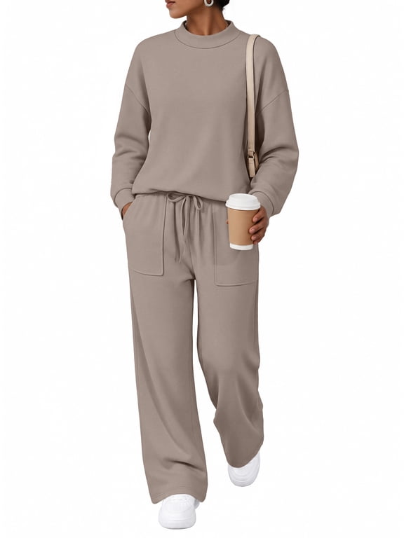 Mock Neck Sweatsuits Lounge Sets for Women Two Piece Fall Wide Leg Pants with Pocket Matching Sets Vacation Travel Outfits Clothes