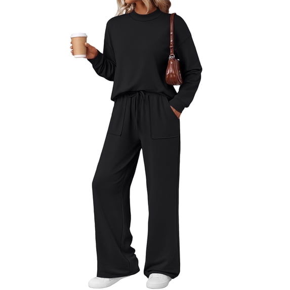 SUNBS Mock Neck Sweatsuits Lounge Sets for Women Two Piece Fall Wide Leg Pants with Pocket Matching Sets Vacation Travel Outfits Clothes