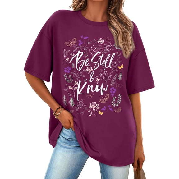 SUNBS Oversized Graphic Tees for Women - Casual T Shirts for Women Round Neck Floral Tops