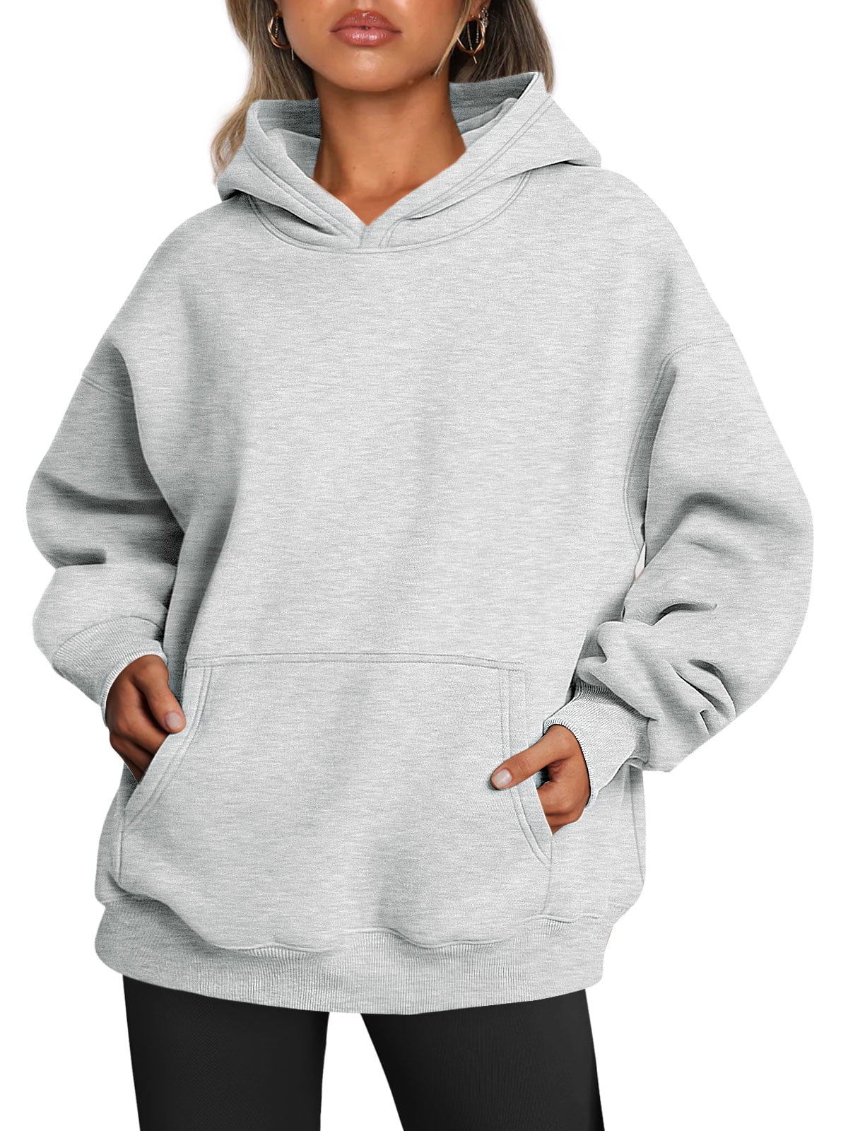 Women's Oversized V-Neck Hoodie with 3/4 Sleeves and Front Pocket