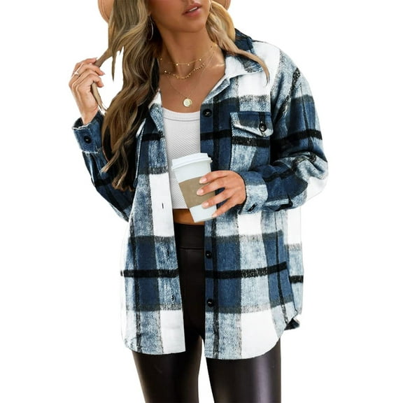 SUNBS Plaid Flannel Shackets for Women Long Sleeve Button Down Shirts Fall Coats Fashion Jackets