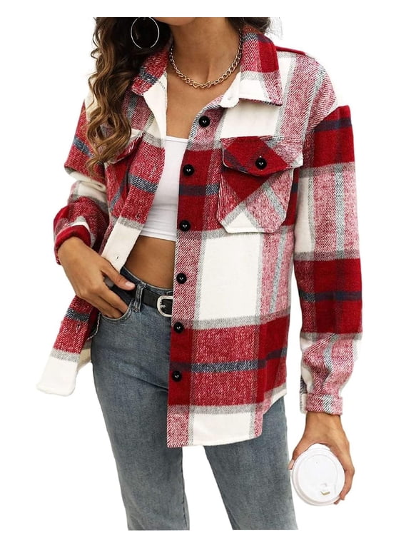 Plaid Flannel Shackets for Women Long Sleeve Button Down Shirts Fall Coats Fashion Jackets