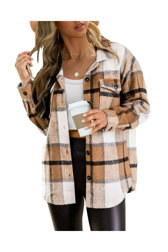Plaid Flannel Shackets for Women Long Sleeve Button Down Shirts Fall Coats Fashion Jackets