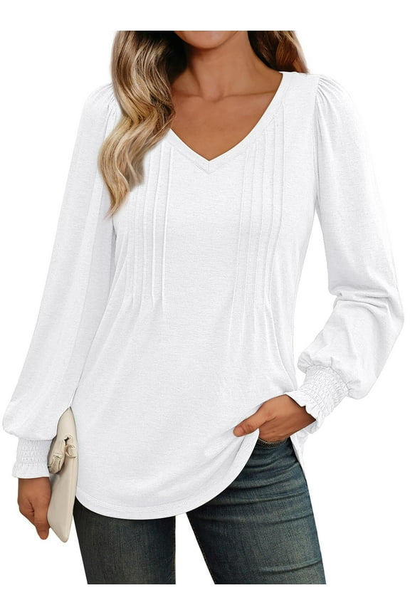 Pleated Blouses for Women Long Sleeve Shirts Dressy Tunic Tops Crewneck Trendy Clothes