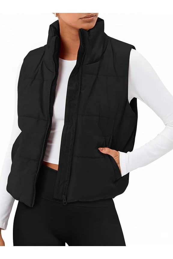 Puffer Vest for Women Sleeveless Quilted Cropped Jacket Lightweight Stand-up Collar Winter Clothing with Pockets