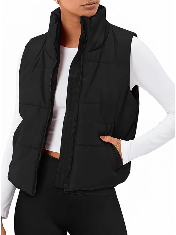 Puffer Vest for Women Sleeveless Quilted Cropped Jacket Lightweight Stand-up Collar Winter Clothing with Pockets