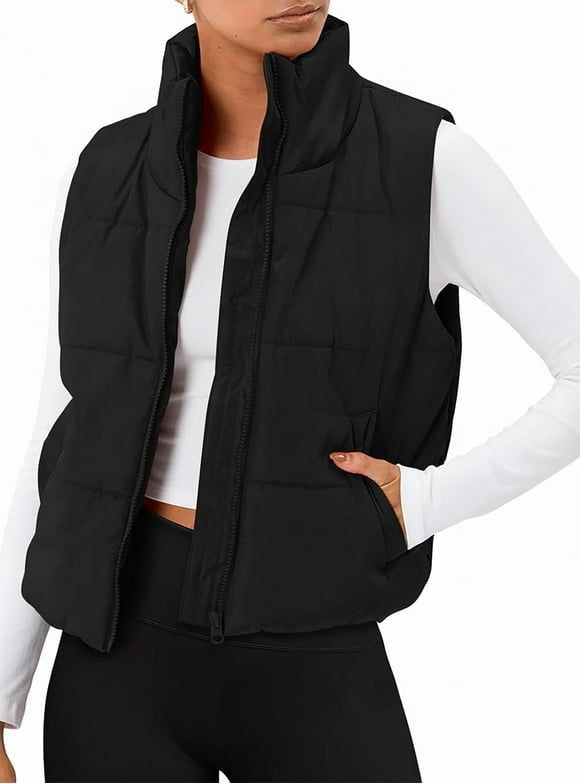 Puffer Vest for Women Sleeveless Quilted Cropped Jacket Lightweight Stand-up Collar Winter Clothing with Pockets